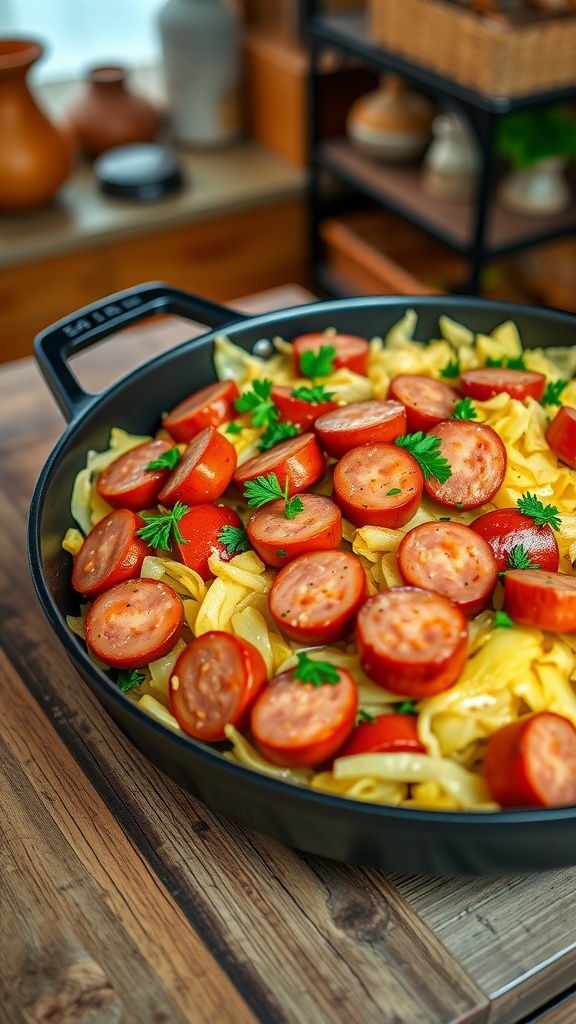 Savory Cabbage and Kielbasa Skillet Recipe A colorful skillet of sautéed cabbage and kielbasa on a wooden table, garnished with parsley.